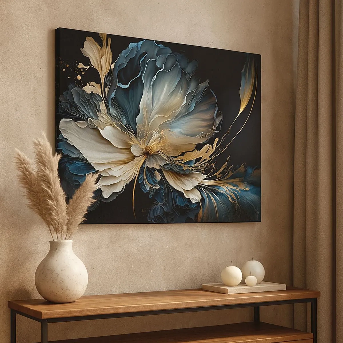 Schilderen op canvas - Een bloem in tinten goud en marineblauw op een zwarte achtergrond - 70x50cm - Sprookjesachtige varenbloem - Moderne wanddecoratie voor woonkamer en slaapkamer ARTTOR