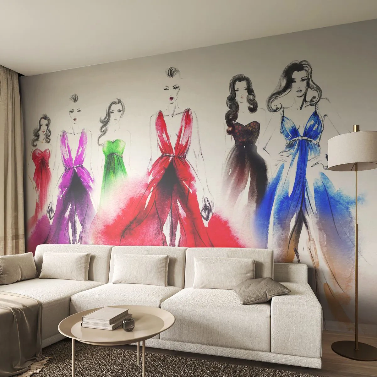 Fotobehang Standard Eco - Stemmingen voor kostuums - Modeshow, Vrouw, Jurk - 400x280 cm