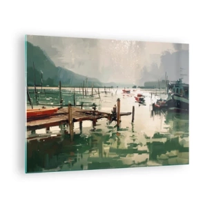 Schilderen op glas - Een houten steiger en boten op kalm water, omringd door bergen - 70x50cm - Gedrenkt in een gesmolten maan - Moderne wanddecoratie voor woonkamer en slaapkamer ARTTOR