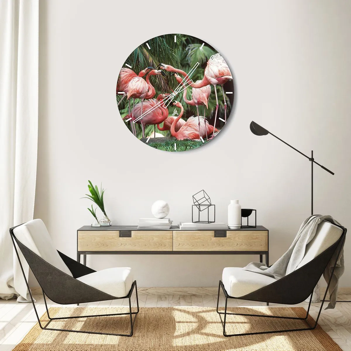 Wandklok - Klok - Roze flamingo's tegen een achtergrond van weelderig tropisch groen - 30x30cm - Middag roddels - Moderne wanddecoratie voor woonkamer, keuken en slaapkamer ARTTOR