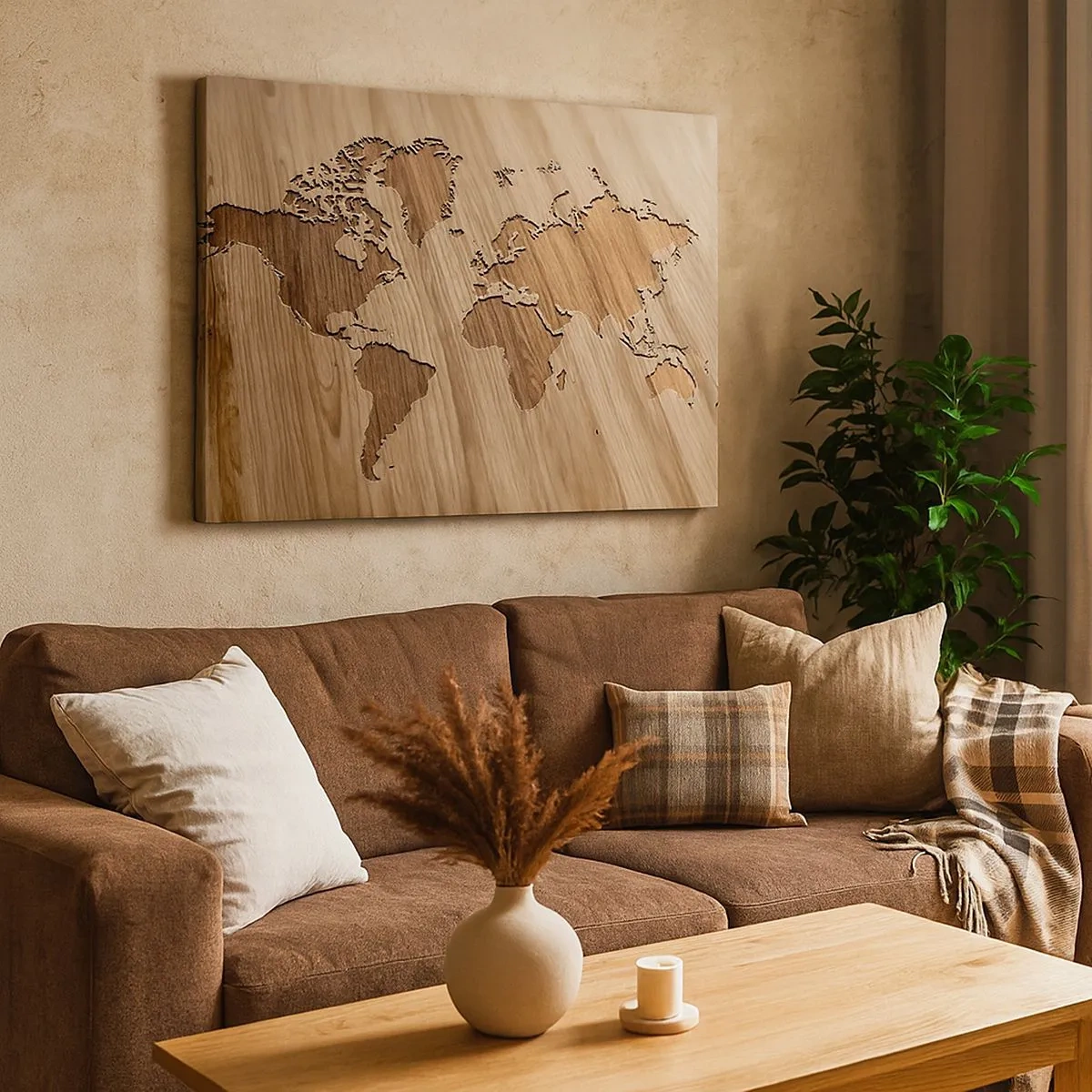 Schilderen op canvas - Een wereldkaart uitgesneden op een houten oppervlak - 70x50cm - De wereld ligt op tafel - Moderne wanddecoratie voor woonkamer en slaapkamer ARTTOR