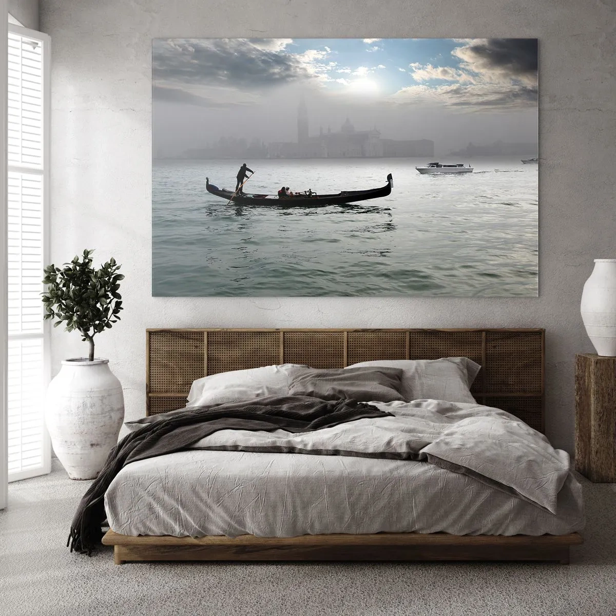 Schilderen op glas - Gondel op de wateren van Venetië op een mistige ochtend - 70x50cm - Een fantastische stad van water en mist - Moderne wanddecoratie voor woonkamer en slaapkamer ARTTOR