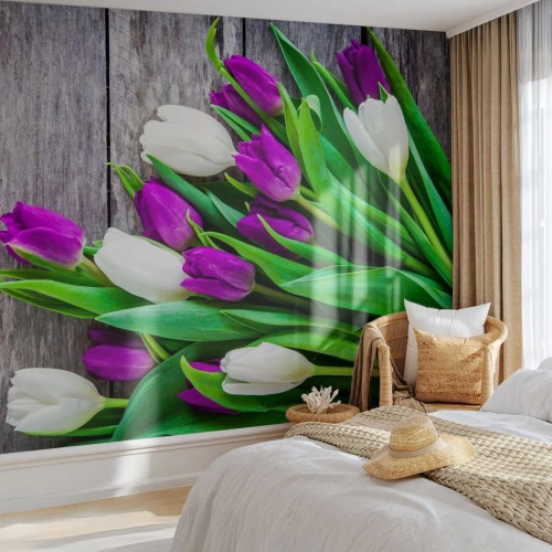 Zelfklevend Fotobehang Deluxe Sticker - Op de dag van een voorjaarsvakantie - Bloemen, Tulpen, Boeket bloemen - 400x280 cm