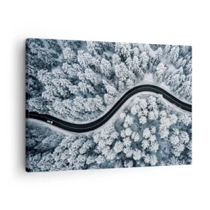 Schilderen op canvas - Een vogelperspectief van een kronkelende weg in een winterbos - 70x50cm - Door het winterbos - Moderne wanddecoratie voor woonkamer en slaapkamer ARTTOR