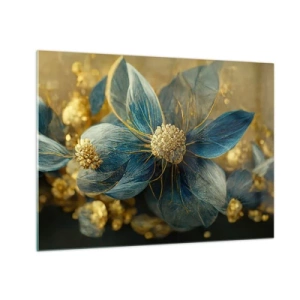 Schilderen op glas - Blauwe en gouden bloemen met een luxe uitstraling - 70x50cm - Bloei met goud - Moderne wanddecoratie voor woonkamer en slaapkamer ARTTOR