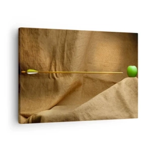 Schilderen op canvas - Groene appel op stof met een pijl die een compositie creëert - 70x50cm - Roep de geest van William Tell op - Moderne wanddecoratie voor woonkamer en slaapkamer ARTTOR