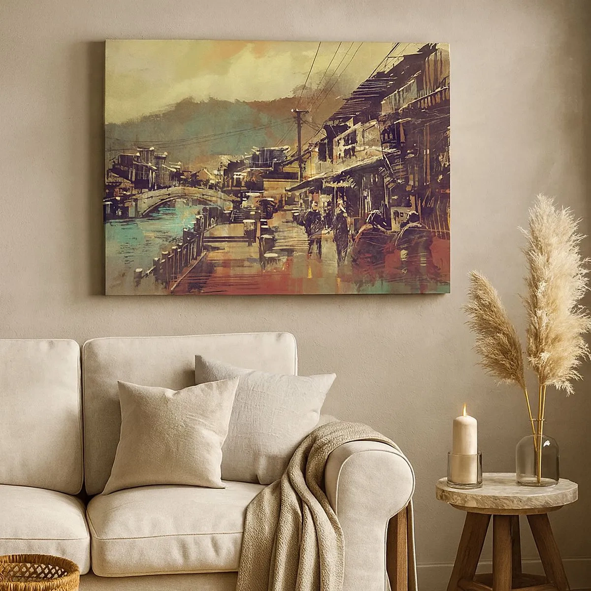 Schilderen op canvas - Een stad met een brug en artistiek vormgegeven straten - 70x50cm - Het leven als een rijkdom aan grijs - Moderne wanddecoratie voor woonkamer en slaapkamer ARTTOR