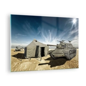 Schilderen op glas - Een tank en een tent op een woestijnachtergrond onder een blauwe lucht - 70x50cm - Een militaire droom - Moderne wanddecoratie voor woonkamer en slaapkamer ARTTOR