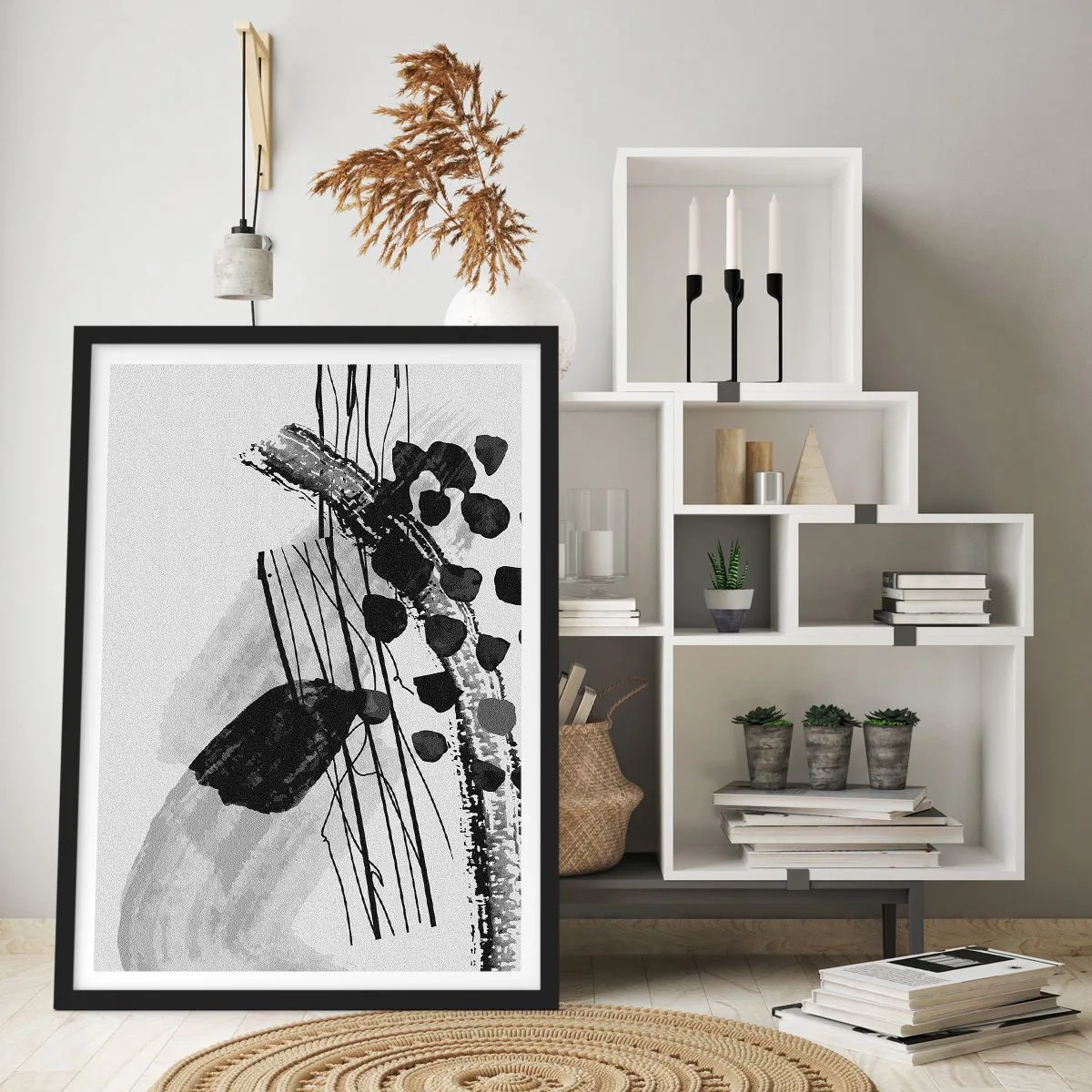 Poster in een zwarte lijst - Moderne abstractie in zwart-wit met dynamische lijnen - 50x70cm - Zwart-wit organische abstractie - Moderne wanddecoratie voor woonkamer en slaapkamer ARTTOR