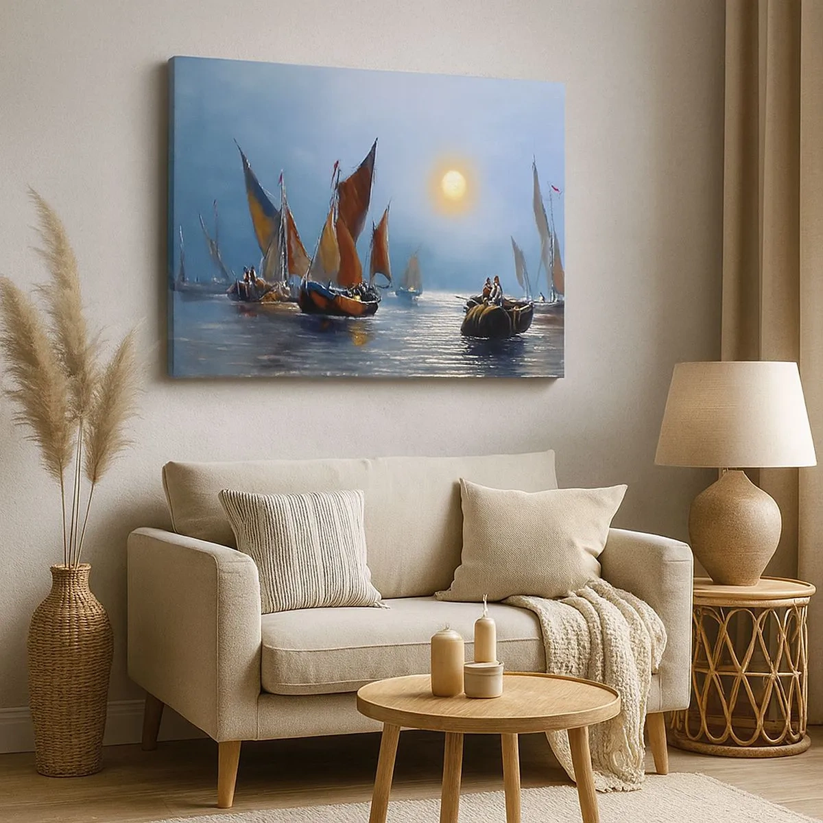 Schilderen op canvas - Boten met zeilen op kalm water bij zonsondergang - 70x50cm - Nachtvangst - Moderne wanddecoratie voor woonkamer en slaapkamer ARTTOR