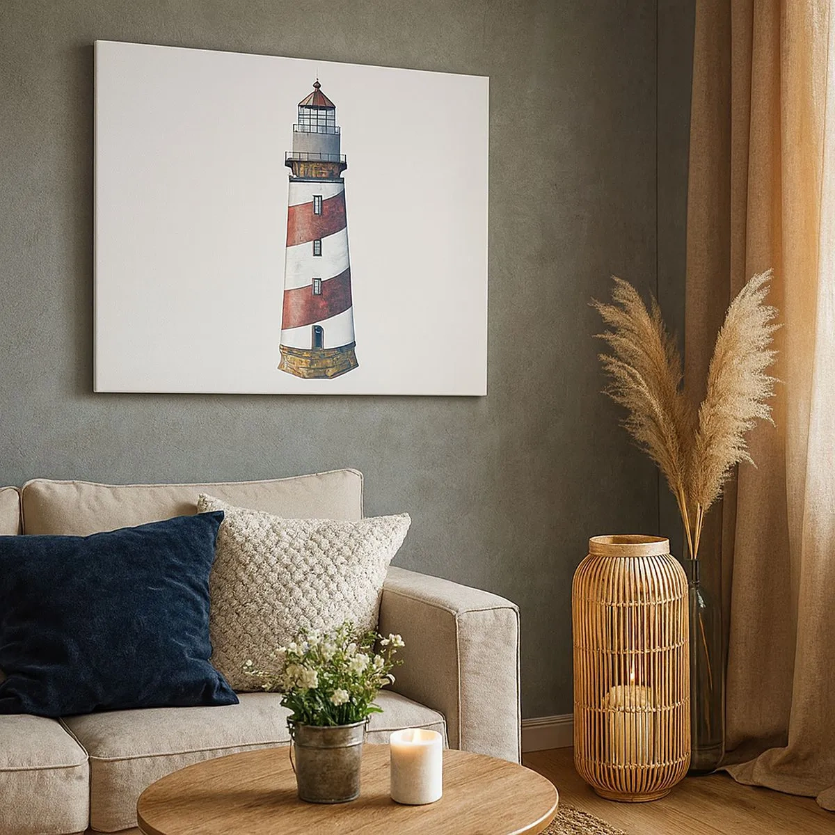 Schilderen op canvas - Een cartoonafbeelding van een vuurtoren met rode en witte strepen op een minimalistische achtergrond. - 70x50cm - Altijd op zijn hoede - Moderne wanddecoratie voor woonkamer en slaapkamer ARTTOR