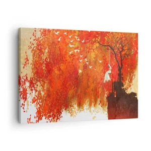 Schilderen op canvas - Een figuur op een schommel bij een boom, omringd door rode bladeren - 70x50cm - Zal hij met hen vliegen? - Moderne wanddecoratie voor woonkamer en slaapkamer ARTTOR
