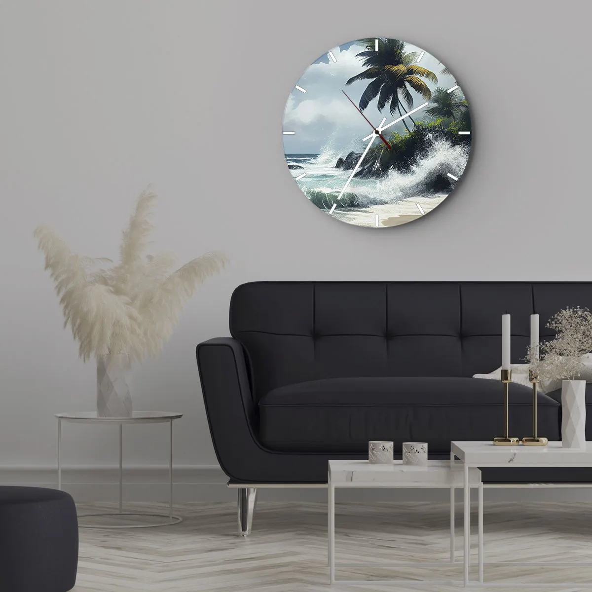 Wandklok - Klok - Tropisch strand met palmbomen en beukende oceaan golven - 30x30cm - Op een tropische kust - Moderne wanddecoratie voor woonkamer, keuken en slaapkamer ARTTOR