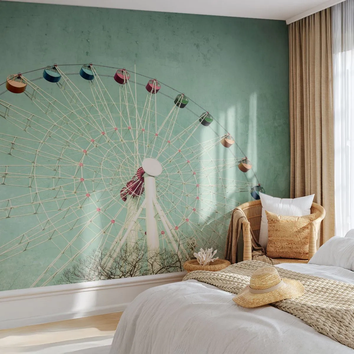 Fotobehang Premium Sand - Wij nodigen u uit om plezier te hebben - reuzenrad, Draaimolen, Vintage - 350x256 cm