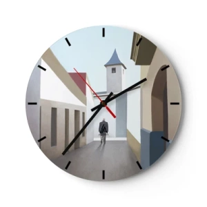 Wandklok - Klok - Een figuur tegen de achtergrond van een stadsstraat in een heldere, geometrische setting - 30x30cm - Een zonnige wandeling - Moderne wanddecoratie voor woonkamer, keuken en slaapkamer ARTTOR