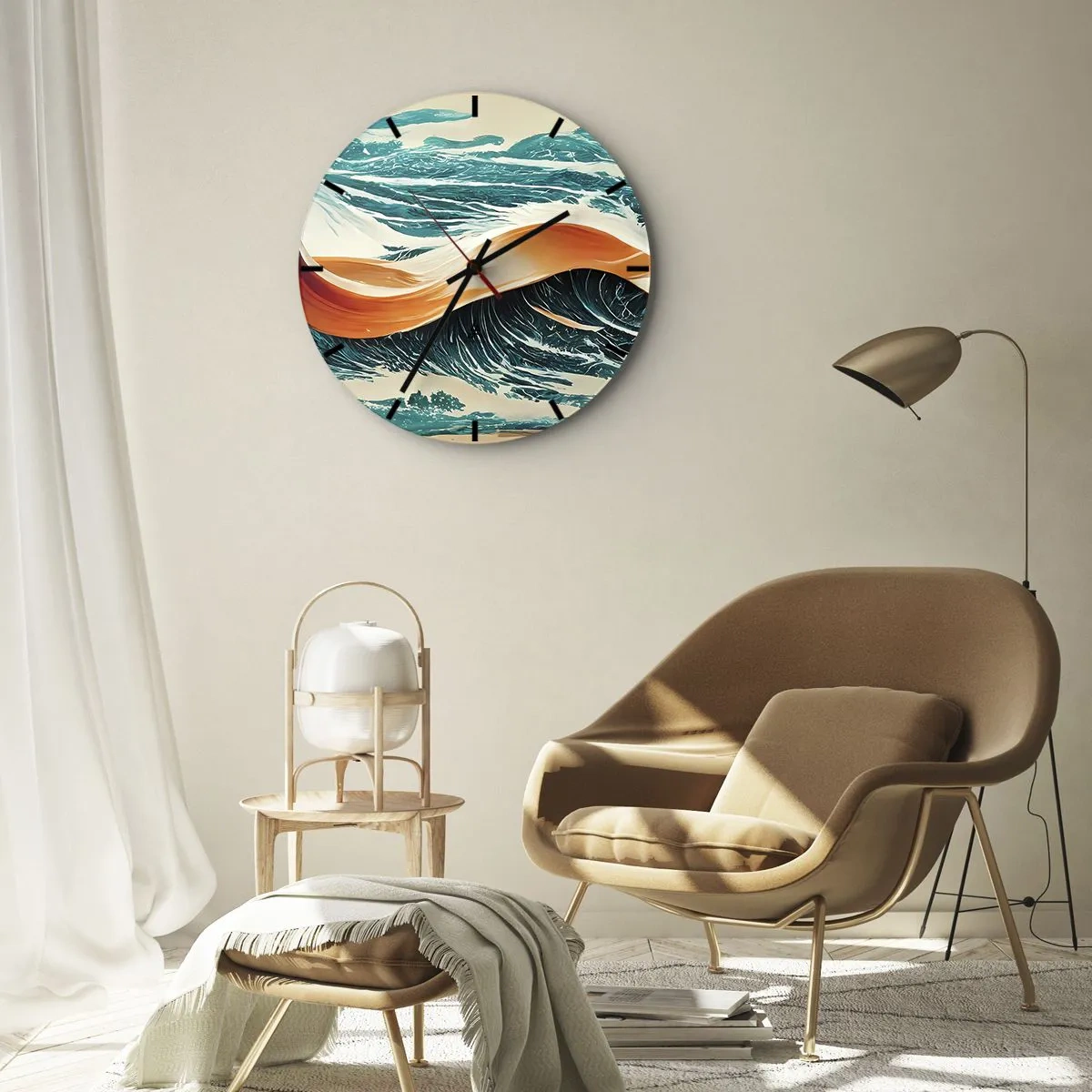 Wandklok - Klok - Zee golven met een oranje lint in een dynamische compositie - 30x30cm - De droom van elke surfer - Moderne wanddecoratie voor woonkamer, keuken en slaapkamer ARTTOR