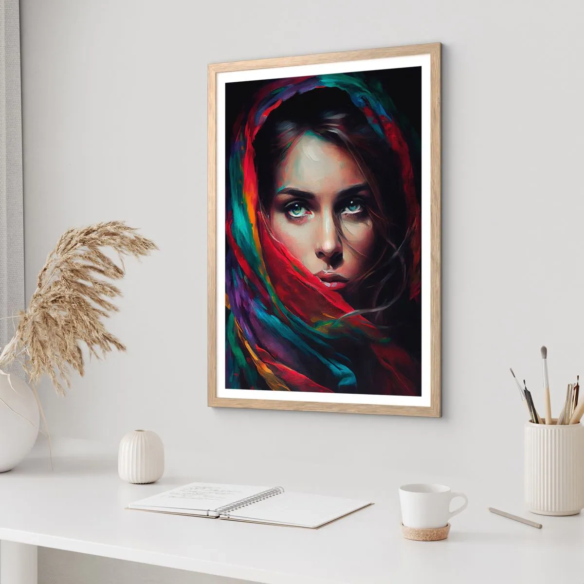 Een poster in een licht eiken lijst - Mysterie met groene ogen - 30x40 cm