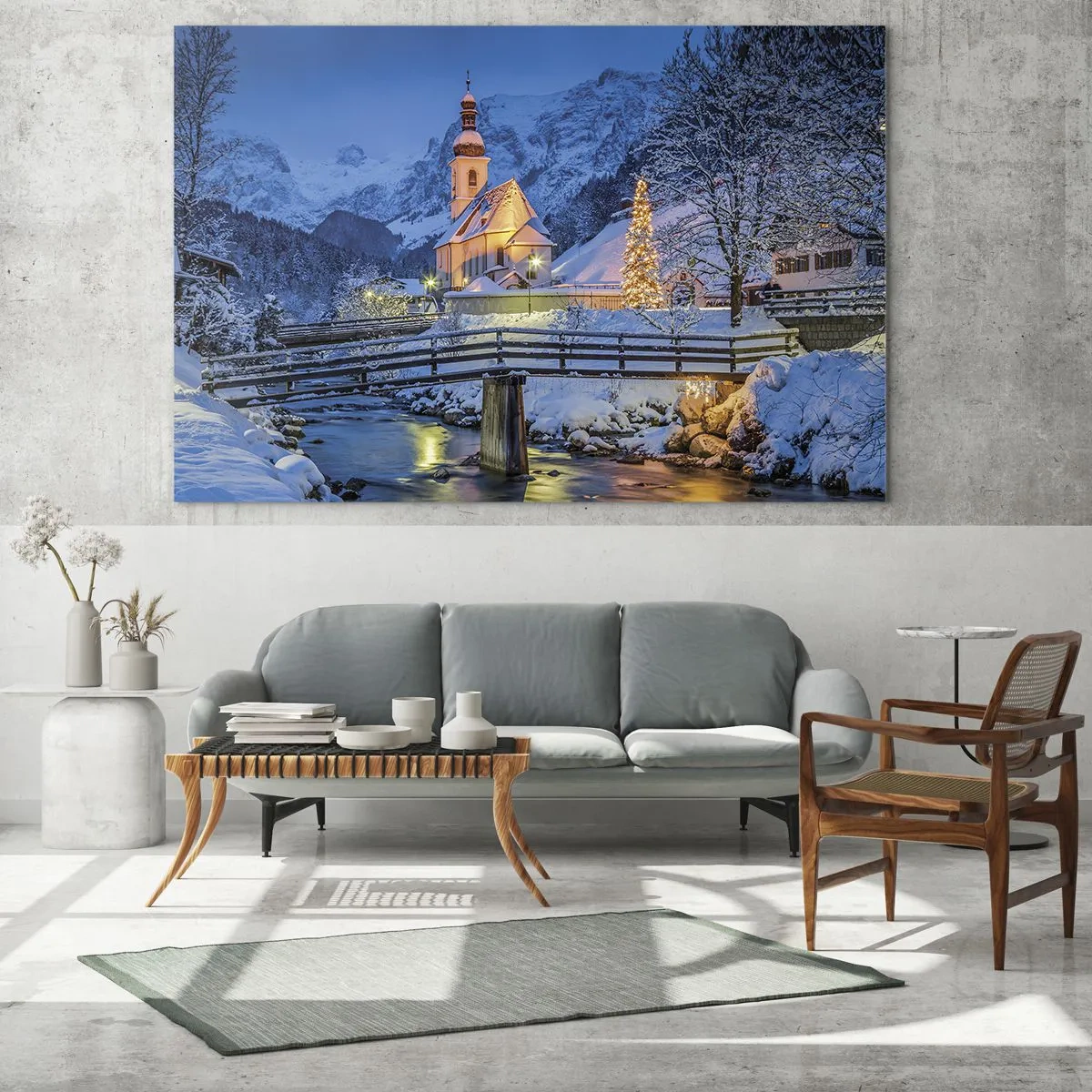 Schilderen op glas - Kerstlandschap in een winterse setting - 70x50cm - Kerstgeest - Moderne wanddecoratie voor woonkamer en slaapkamer ARTTOR
