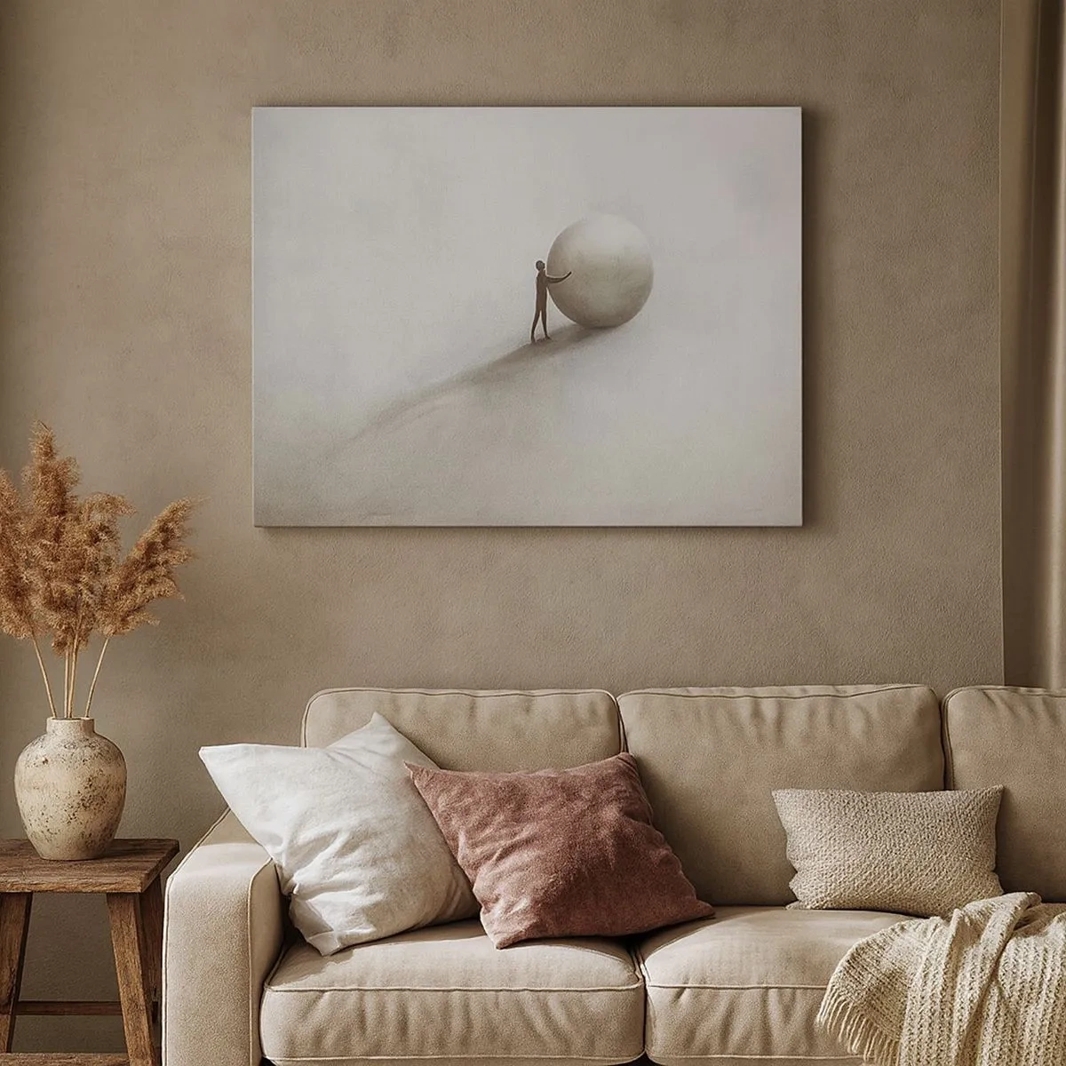 Schilderen op canvas - Een minimalistisch figuur met een bal op een lichte, monochrome achtergrond. - 70x50cm - Het spel van het leven - Moderne wanddecoratie voor woonkamer en slaapkamer ARTTOR