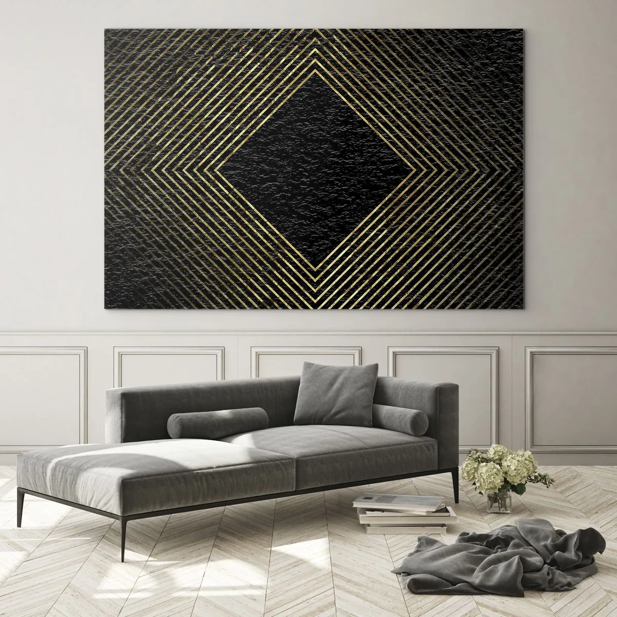 Schilderen op glas - Gouden diamant met geometrische lijnen op een zwarte achtergrond - 70x50cm - Geometrie in glamoureuze stijl - Moderne wanddecoratie voor woonkamer en slaapkamer ARTTOR