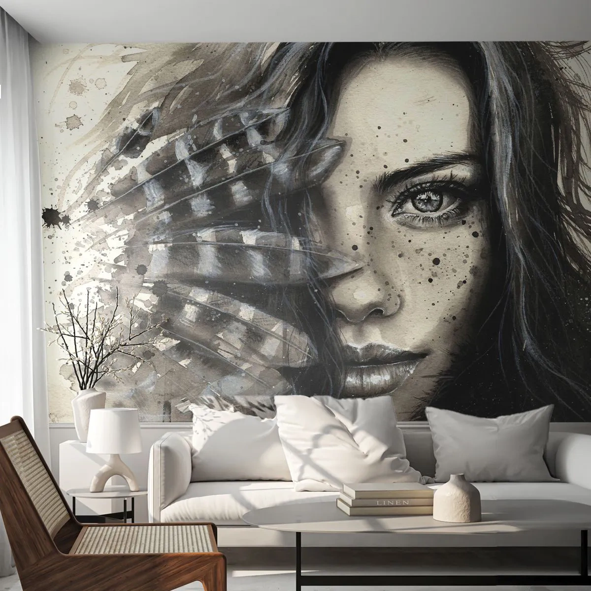 Fotobehang Premium Canvas - Wilde schoonheid - Vrouw, Vogelveren, Grafisch - 250x175 cm