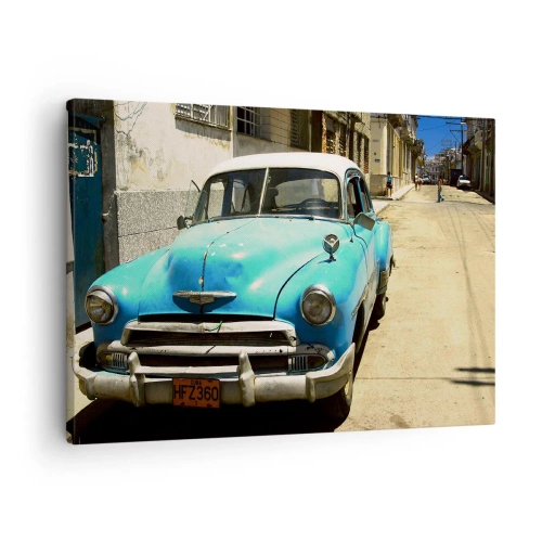 Schilderen op canvas - Een blauwe klassieke auto op straat op een zonnige dag - 70x50cm - Evviva Cuba! - Moderne wanddecoratie voor woonkamer en slaapkamer ARTTOR
