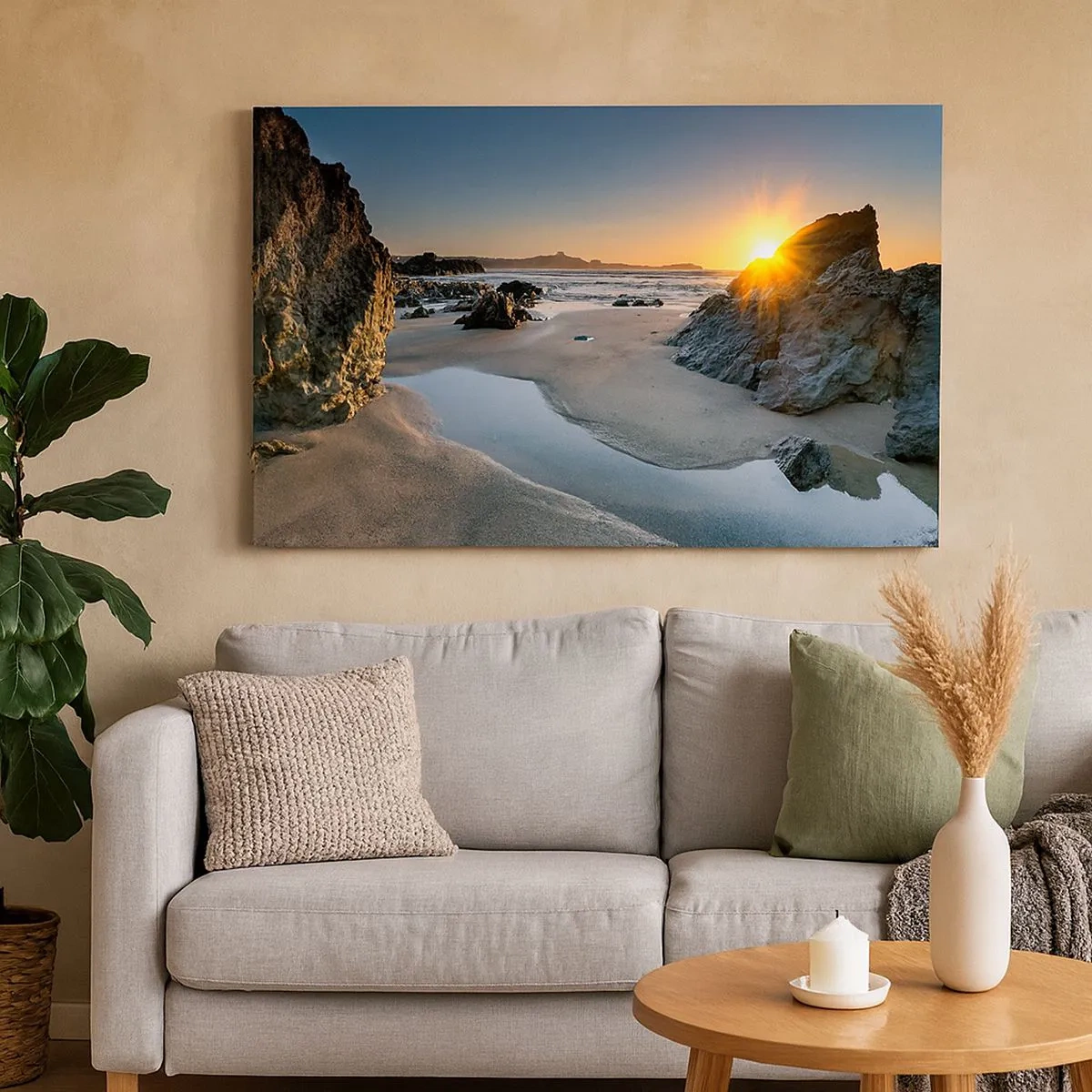 Schilderen op canvas - Schilderachtige zonsondergang op een rotsstrand - 70x50cm - Onaangeroerd door een menselijke hand - Moderne wanddecoratie voor woonkamer en slaapkamer ARTTOR