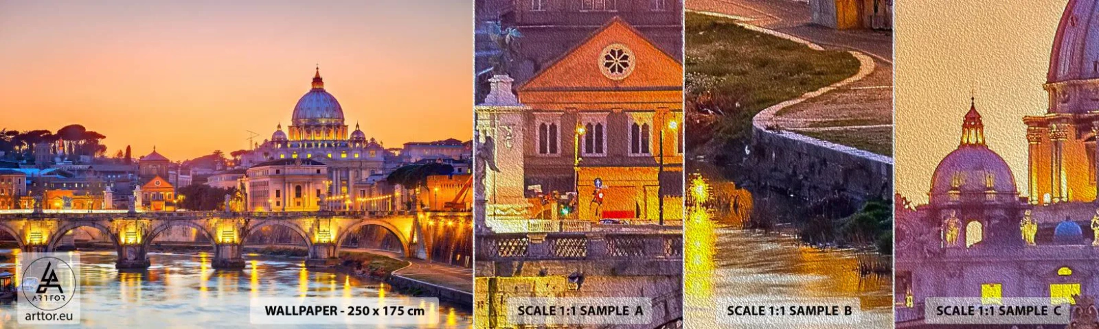 Fotobehang Monster Premium Sand - Zonsondergang boven de Eeuwige Stad - Stad, Rome, Architectuur - 100x30 cm