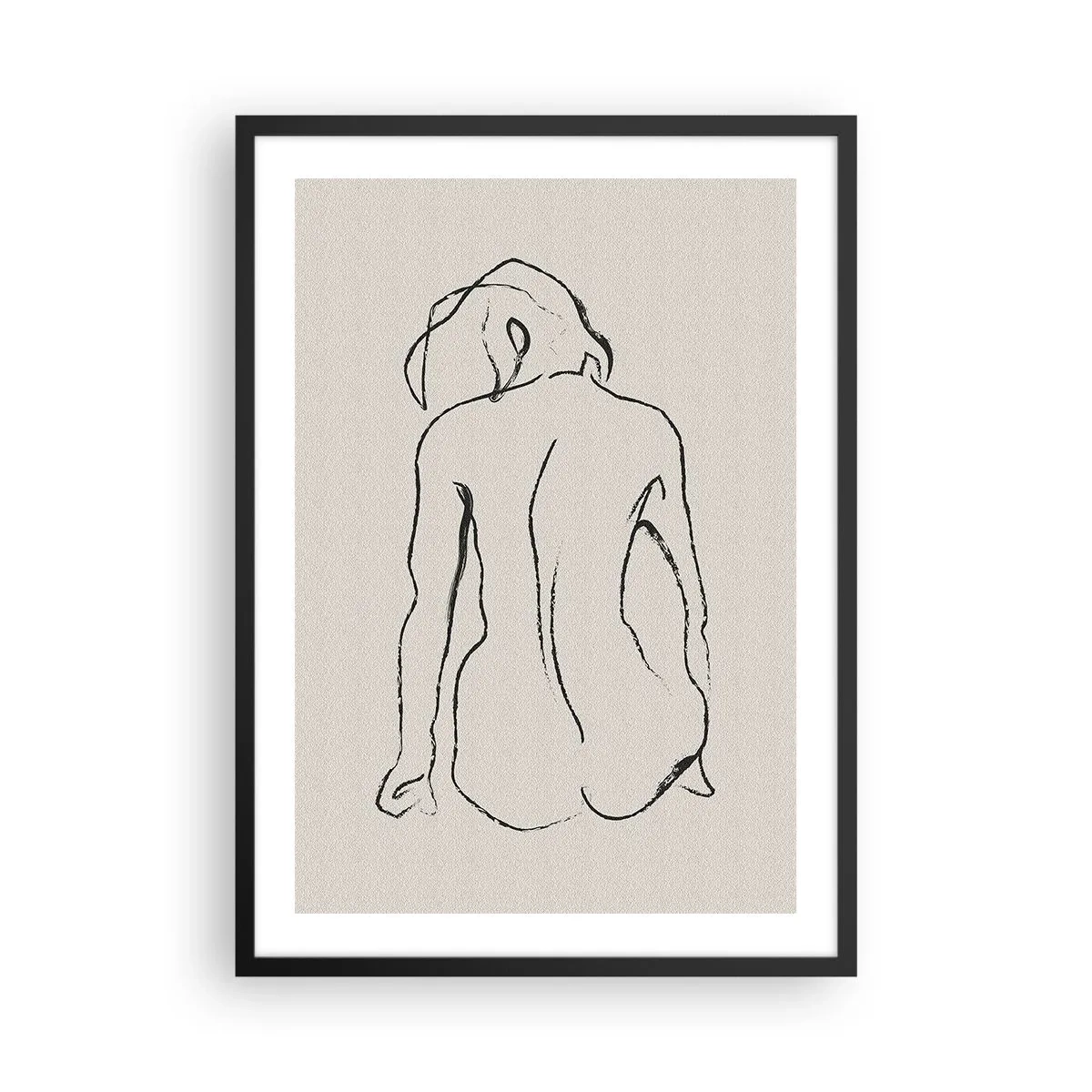Poster in een zwarte lijst - Een minimalistische schets van een naakte vrouw die achterstevoren zit. - 50x70cm - Naakt meisje - Moderne wanddecoratie voor woonkamer en slaapkamer ARTTOR