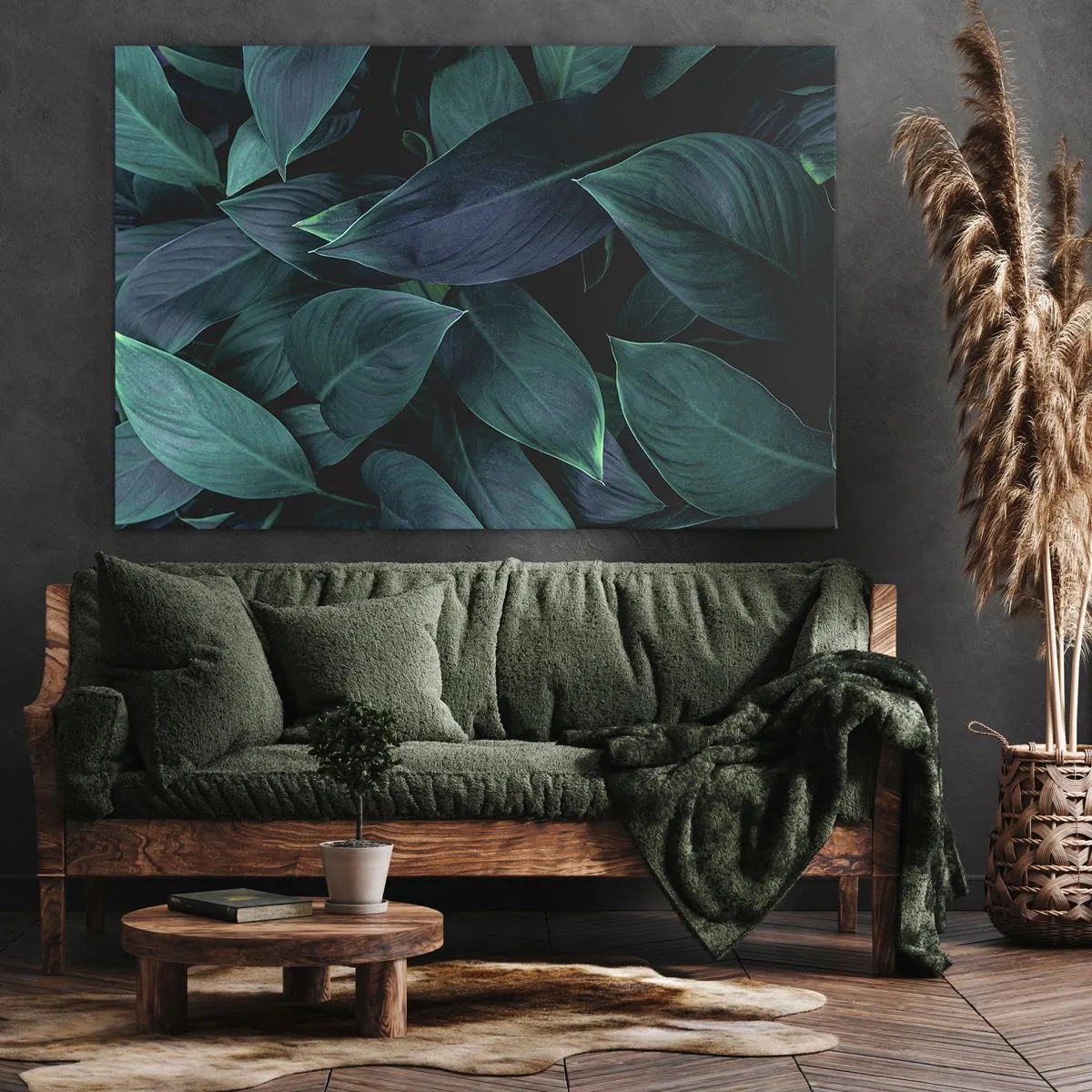 Schilderen op canvas - Close-up van groene bladeren met een donkere achtergrond - 70x50cm - Groen op zichzelf - Moderne wanddecoratie voor woonkamer en slaapkamer ARTTOR