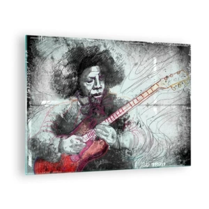 Schilderen op glas - Artistiek portret van een muzikant met een elektrische gitaar - 70x50cm - Op de golven van muziek - Moderne wanddecoratie voor woonkamer en slaapkamer ARTTOR