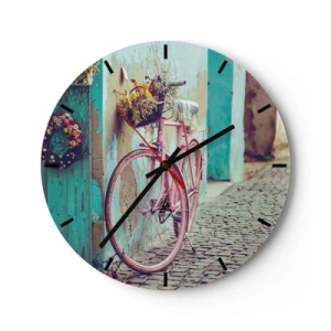 Wandklok - Klok - Een roze fiets naast een turquoise muur op een geplaveide straat - 30x30cm - Ben zo terug - Moderne wanddecoratie voor woonkamer, keuken en slaapkamer ARTTOR