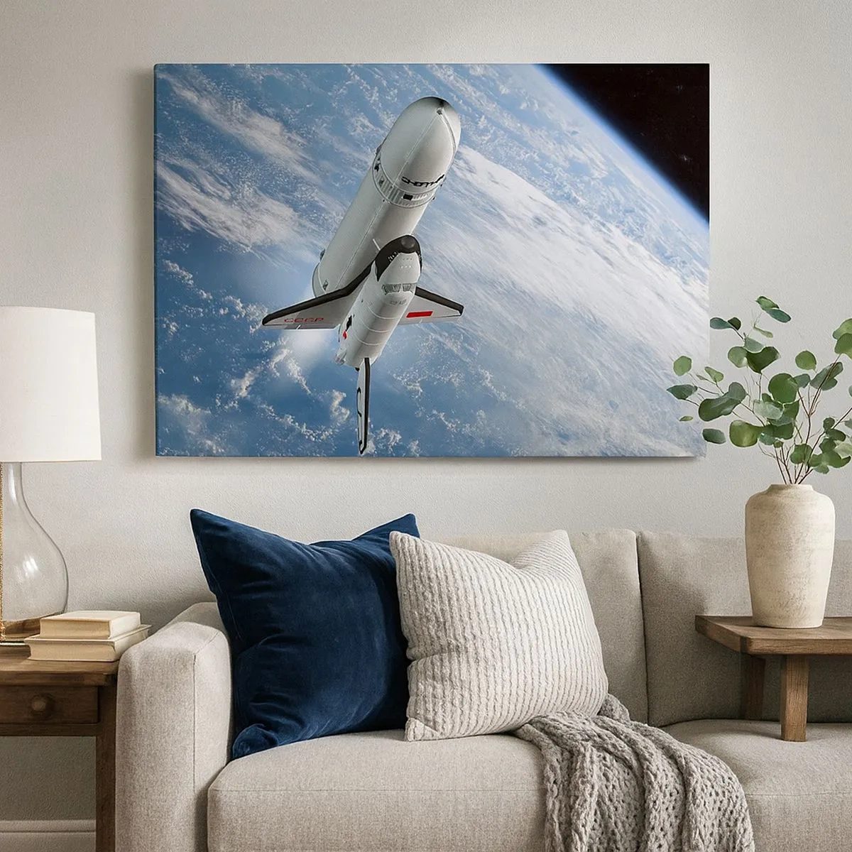 Schilderen op canvas - Een ruimteraket die oprijst tegen de achtergrond van de aarde - 70x50cm - Kosmische Hemelvaart - Moderne wanddecoratie voor woonkamer en slaapkamer ARTTOR