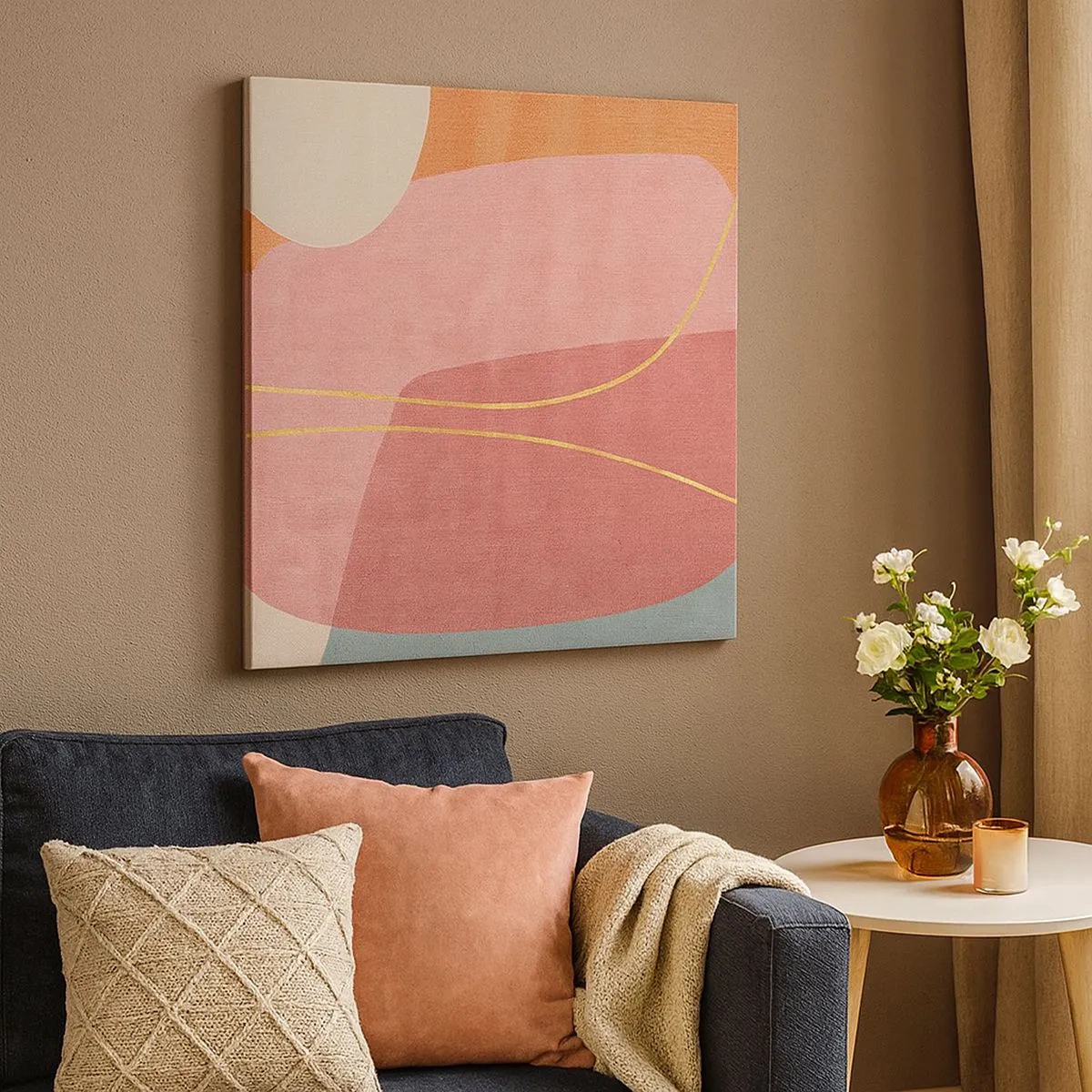 Schilderen op canvas - Pastelkleurcompositie met gouddraad - 30x30 cm