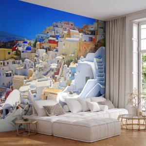 Fotobehang Premium Sand - De droom van een Griekse zomer - Architectuur, Landschap, Santorini - 100x70 cm