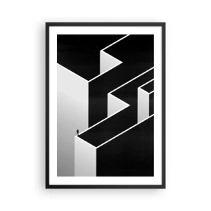 Poster in een zwarte lijst - Een minimalistisch doolhof in zwart-wit - 50x70cm - Eenzaamheid op de top - Moderne wanddecoratie voor woonkamer en slaapkamer ARTTOR