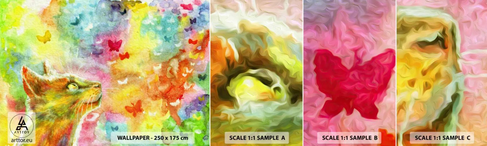 Fotobehang Staaltje Standard Eco - Baju-baju in het kattenparadijs - Dieren, Kat, Vlinder - 100x30 cm