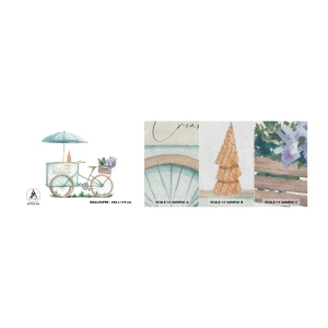 Fotobehang Monster Premium Sand - Zoete herinnering aan de zomer - Pastel, Ijsje, Fiets - 100x30 cm
