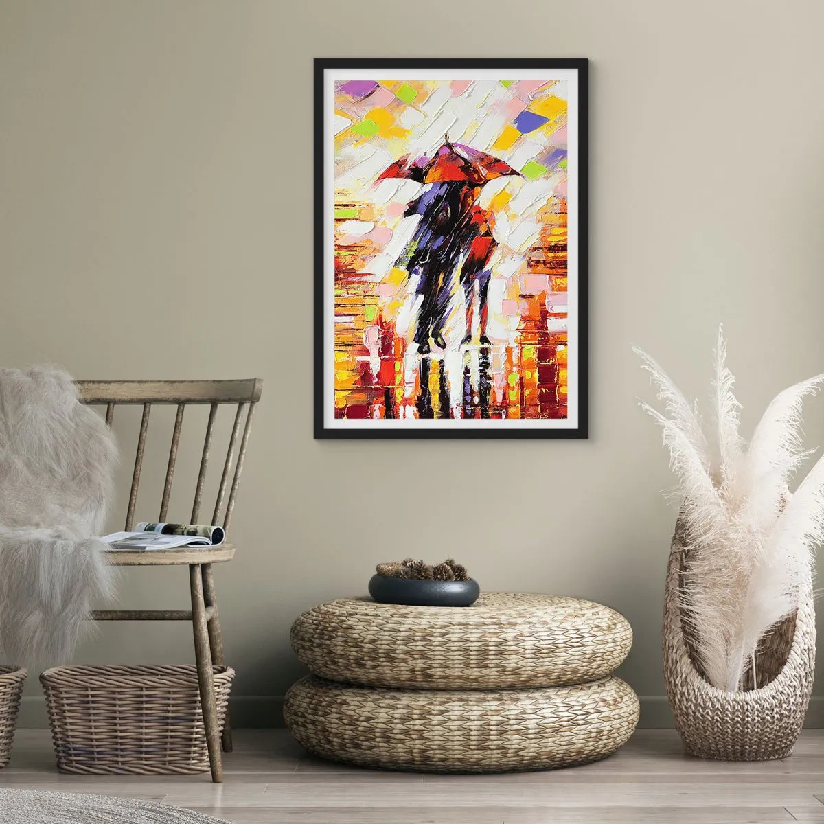 Poster in een zwarte lijst - Samen door de nacht en regen - 30x40 cm