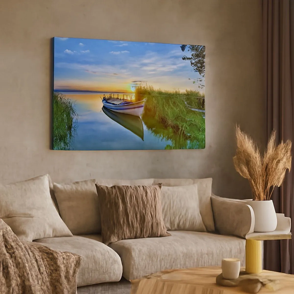 Schilderen op canvas - Een boot in een rustige baai bij zonsondergang - 70x50cm - Baai van vervulde dromen - Moderne wanddecoratie voor woonkamer en slaapkamer ARTTOR