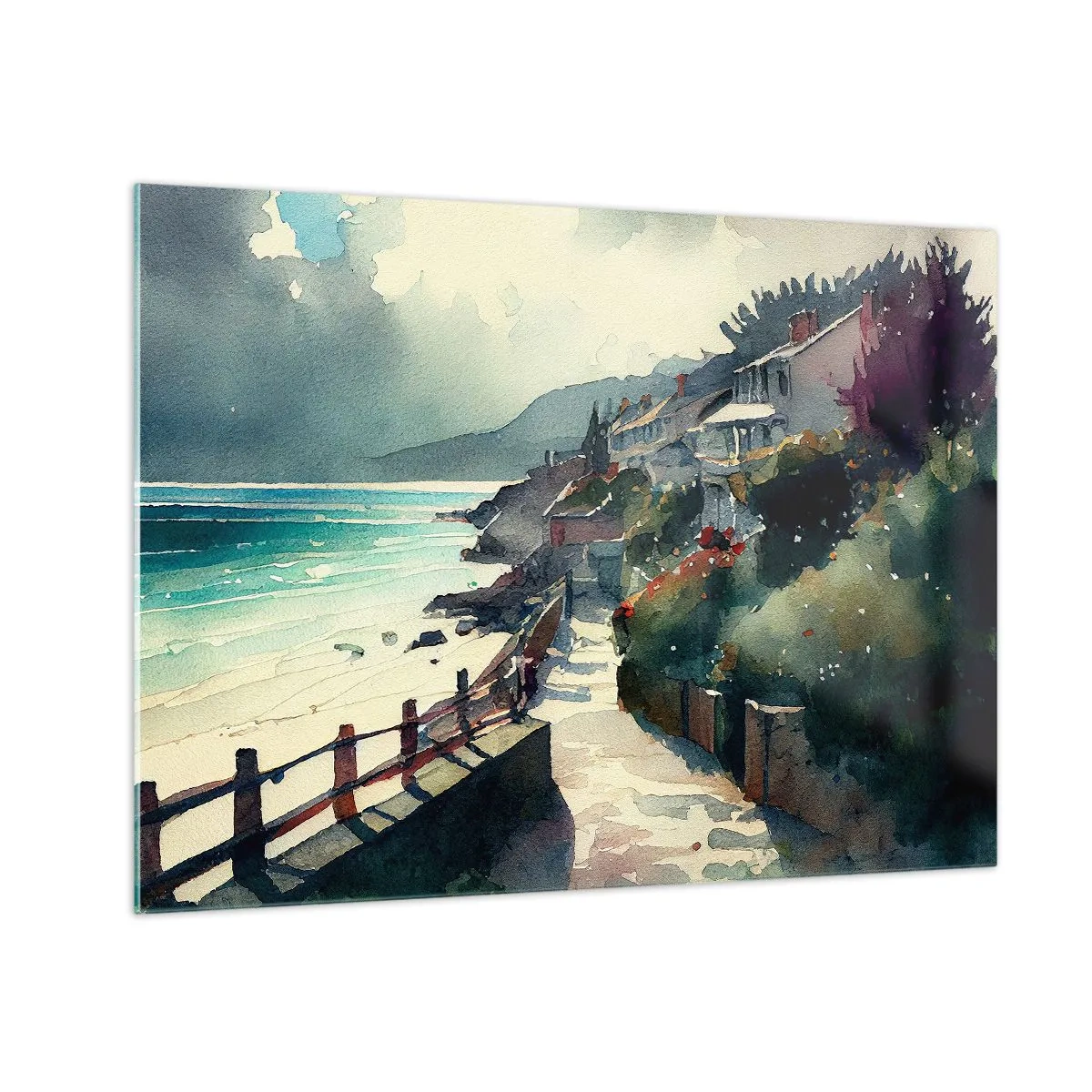 Schilderen op glas - Een boulevard aan zee met kleurrijke huizen en water - 70x50cm - Mediterrane stad - Moderne wanddecoratie voor woonkamer en slaapkamer ARTTOR