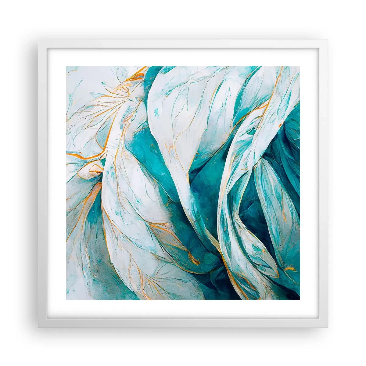 Poster in een witte lijst - Blauwe abstractie met een gouden motief - 50x50 cm