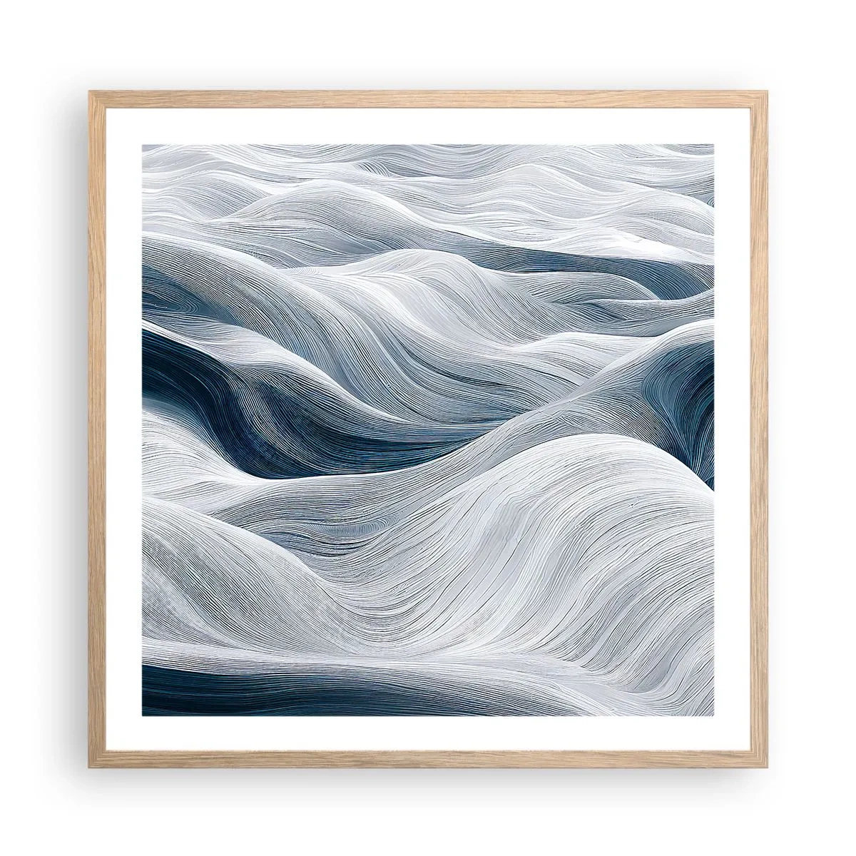 Een poster in een licht eiken lijst - Witte en blauwe golven - 60x60 cm