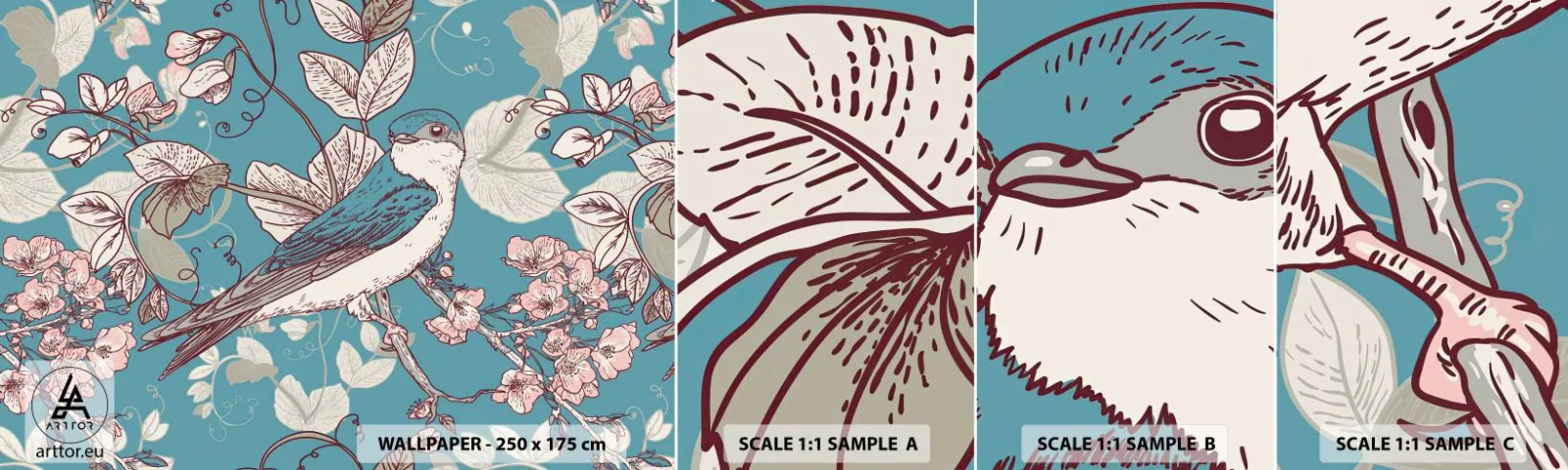 Fotobehang Monster Zelfklevend Deluxe Sticker - In witte abeel met het zingen van de nachtegaal - Abstractie, Slikken, Vogel - 100x30 cm