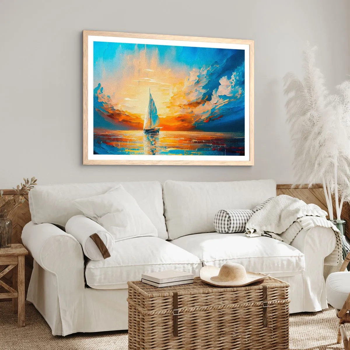 Een poster in een licht eiken lijst - Zeilen in goud - 100x70 cm