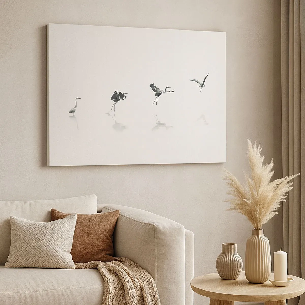 Schilderen op canvas - Vier vogelsilhouetten weerspiegeld in het kalme water - 70x50cm - Vier eenvoudige stappen - Moderne wanddecoratie voor woonkamer en slaapkamer ARTTOR