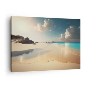 Schilderen op canvas - Een zonnig strand met blauwe zee en rotsen - 70x50cm - Een droomdag - Moderne wanddecoratie voor woonkamer en slaapkamer ARTTOR