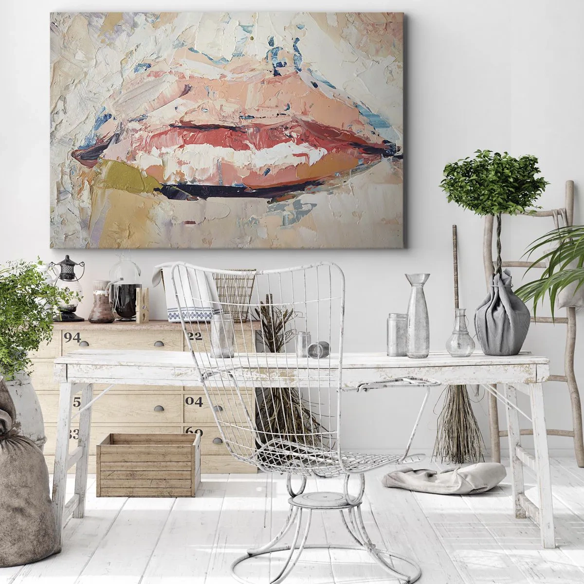 Schilderen op canvas - Een abstracte compositie van vrouwenlippen in pastelkleuren. - 70x50cm - Het wekt de zintuigen - Moderne wanddecoratie voor woonkamer en slaapkamer ARTTOR