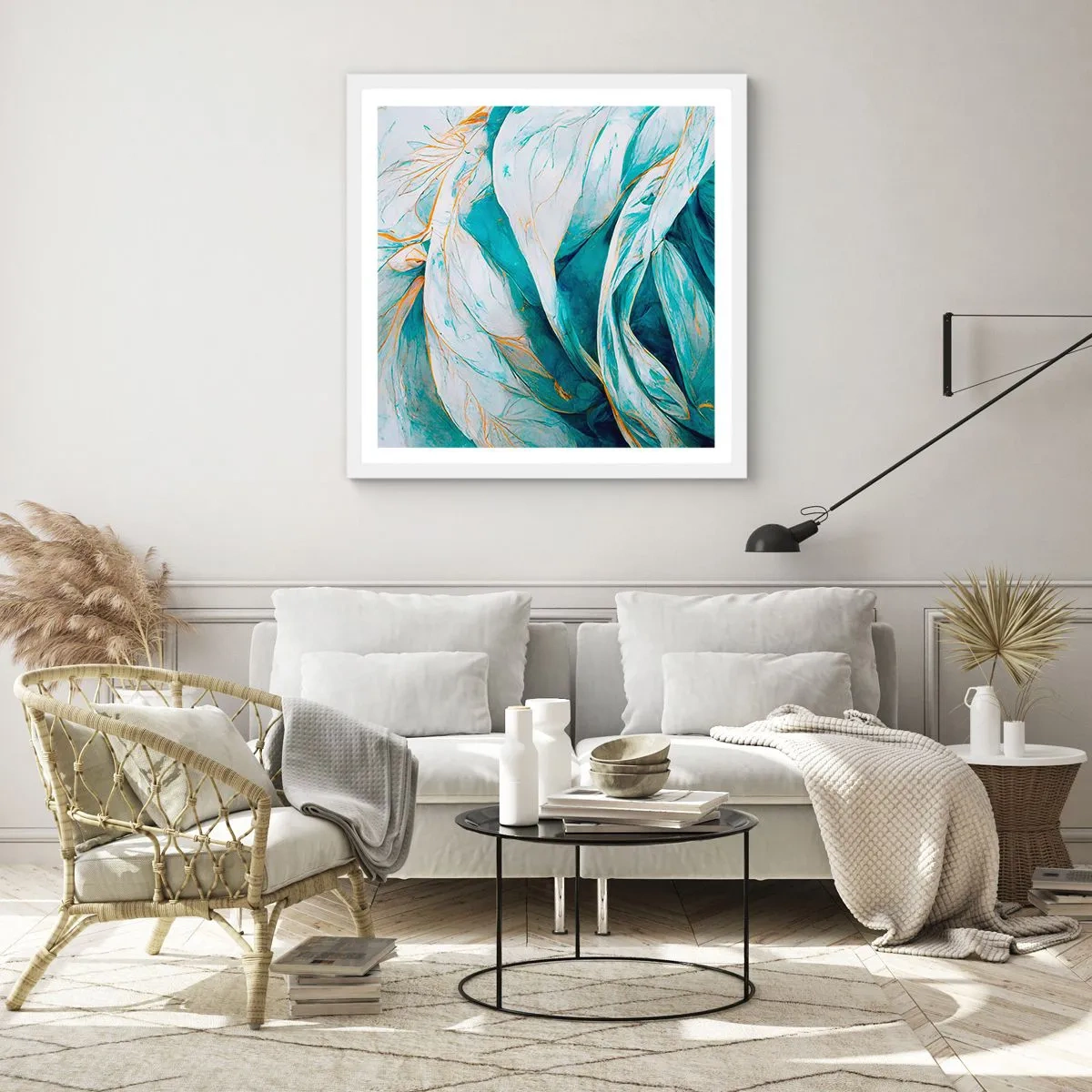 Poster in een witte lijst - Blauwe abstractie met een gouden motief - 30x30 cm