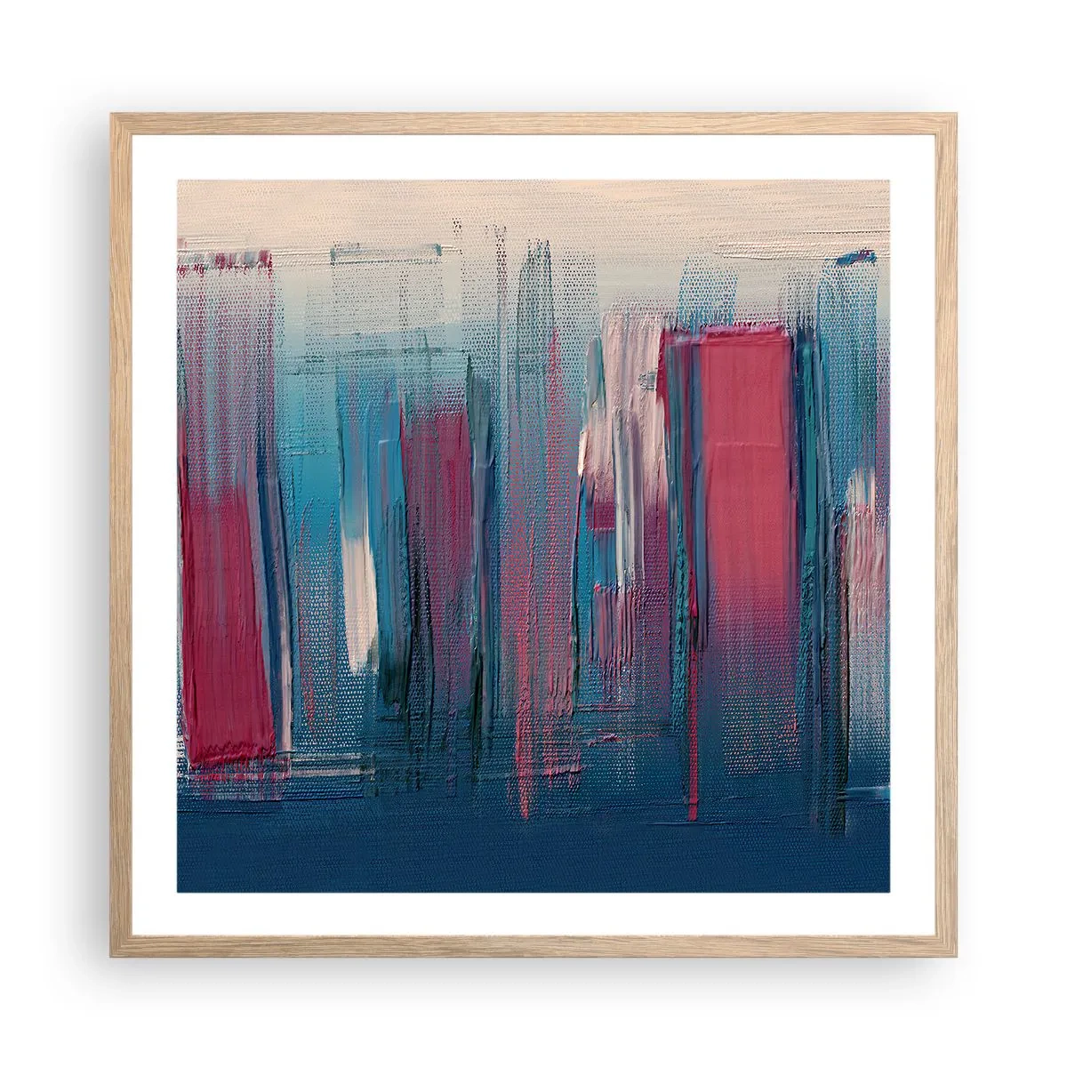 Een poster in een licht eiken lijst - Verticale compositie in blauw en rood - 60x60 cm